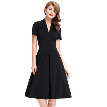 Belle Poque Stock Solid Farbe Kurzarm V-Ausschnitt Retro 50s Vintage Party Schwarzes Kleid BP000070-1